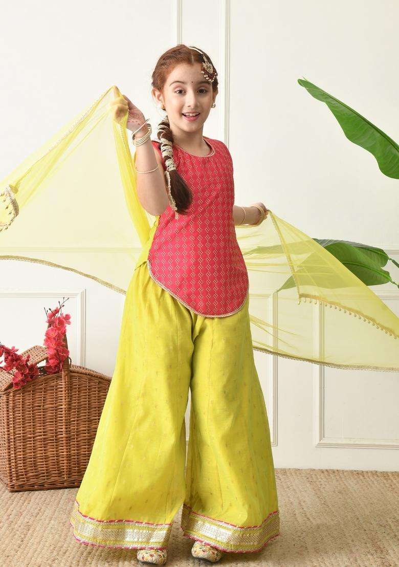 Pink Textured Silk Sharara Set For Girl - Indya