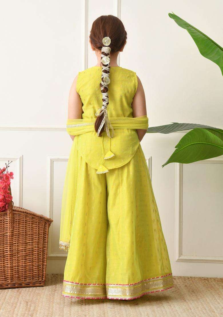 Pink Textured Silk Sharara Set For Girl - Indya