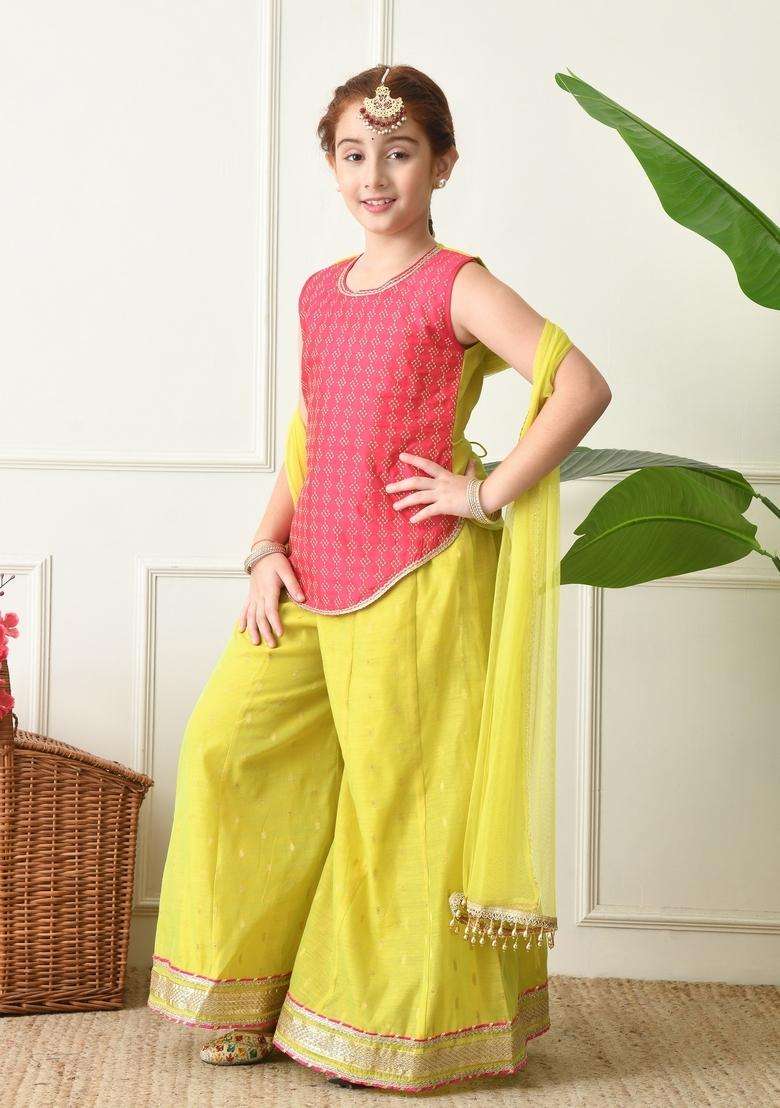 Pink Textured Silk Sharara Set For Girl - Indya