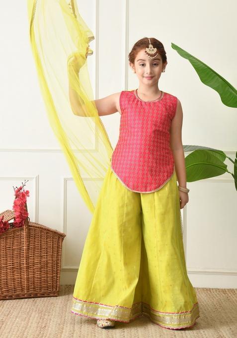 Pink Textured Silk Sharara Set For Girl — view on Indya