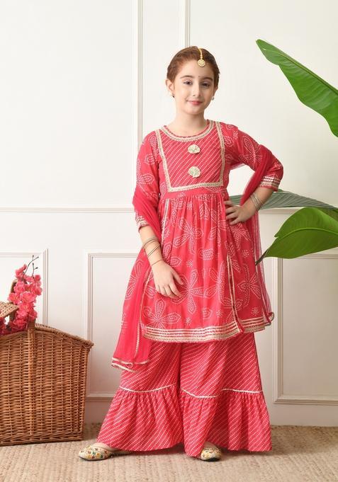 Red Bandhani Cotton Sharara Set For Girl