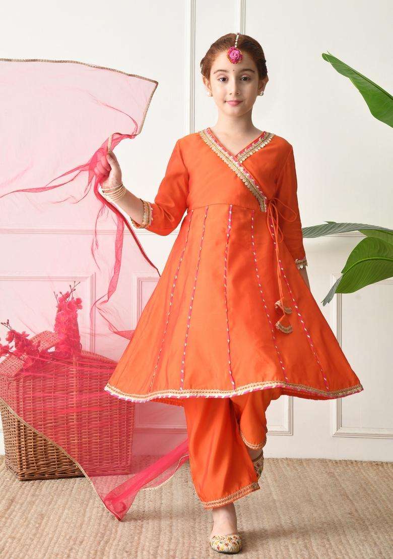 Orange Solid Silk Sharara Set For Girl - Indya