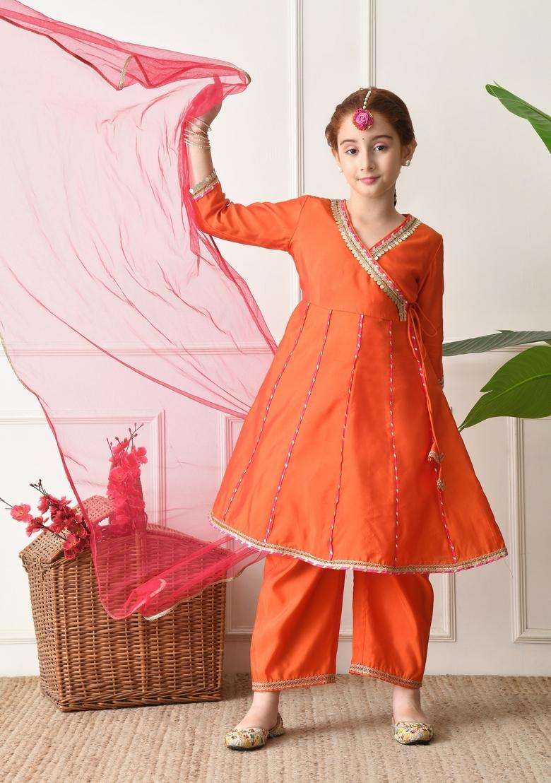 Orange Solid Silk Sharara Set For Girl - Indya