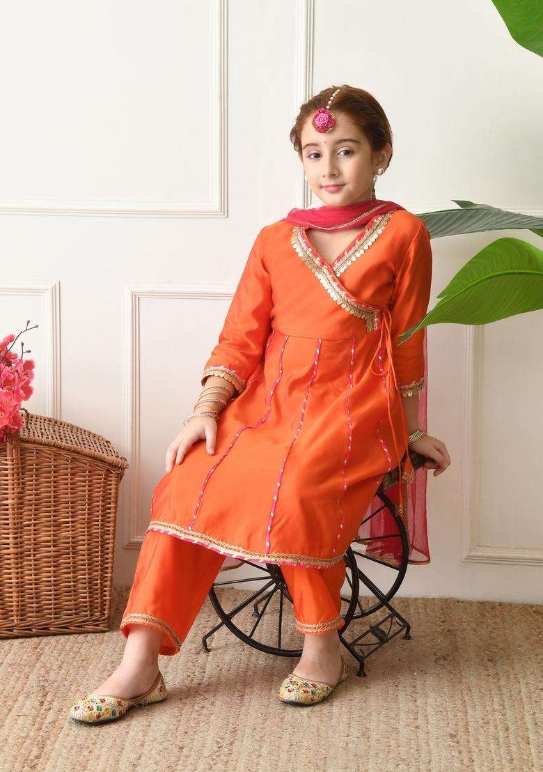 Orange Solid Silk Sharara Set For Girl - Indya