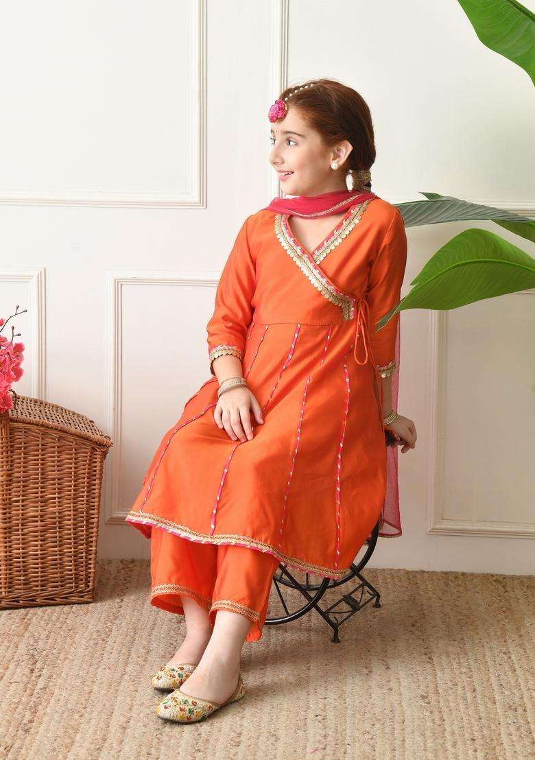 Orange Solid Silk Sharara Set For Girl - Indya