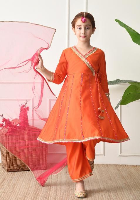 Orange Solid Silk Sharara Set For Girl