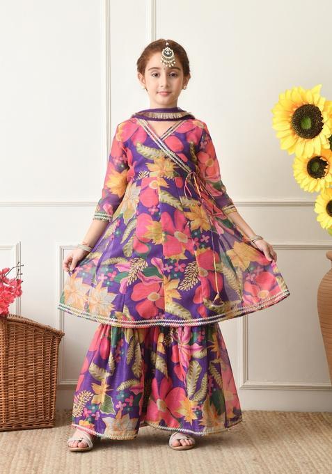 Purple Floral Print Silk Sharara Set For Girl