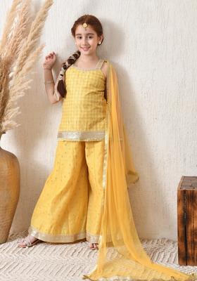 Yellow Textured Silk Sharara Set For Girl