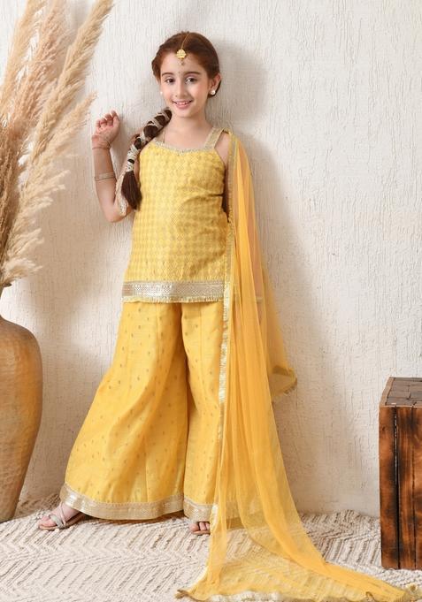 Yellow Textured Silk Sharara Set For Girl