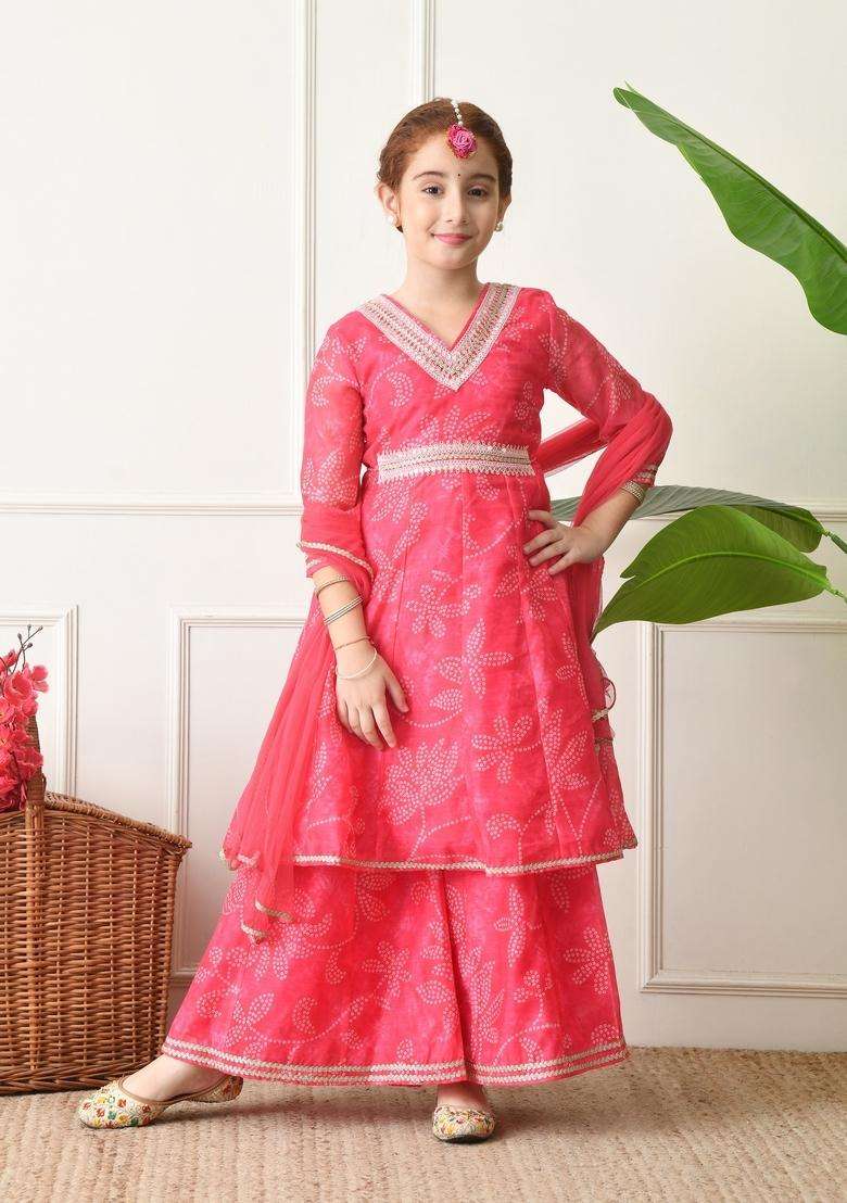 Pink Bandhani Silk Sharara Set For Girl - Indya