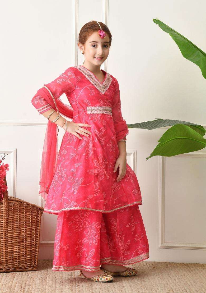 Pink Bandhani Silk Sharara Set For Girl - Indya