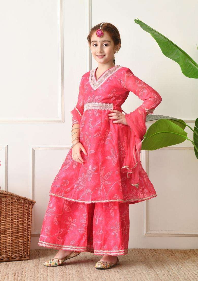 Pink Bandhani Silk Sharara Set For Girl - Indya