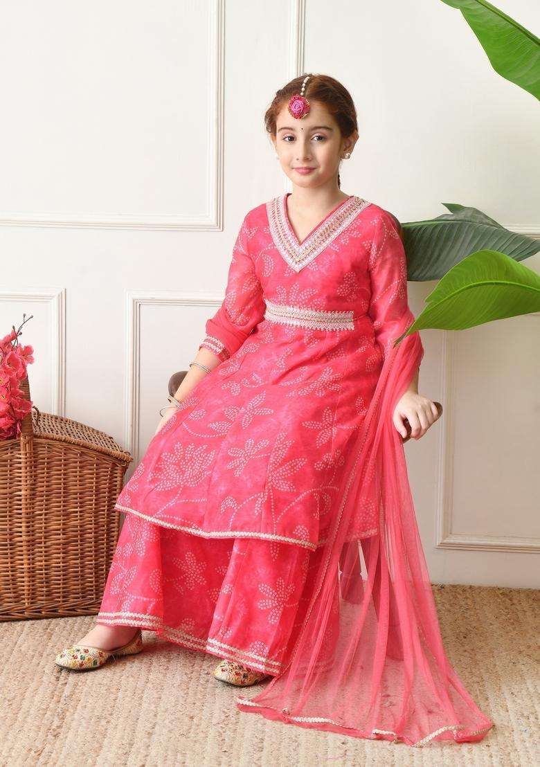 Pink Bandhani Silk Sharara Set For Girl - Indya