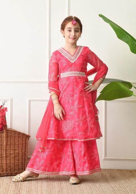 Pink Bandhani Silk Sharara Set For Girl