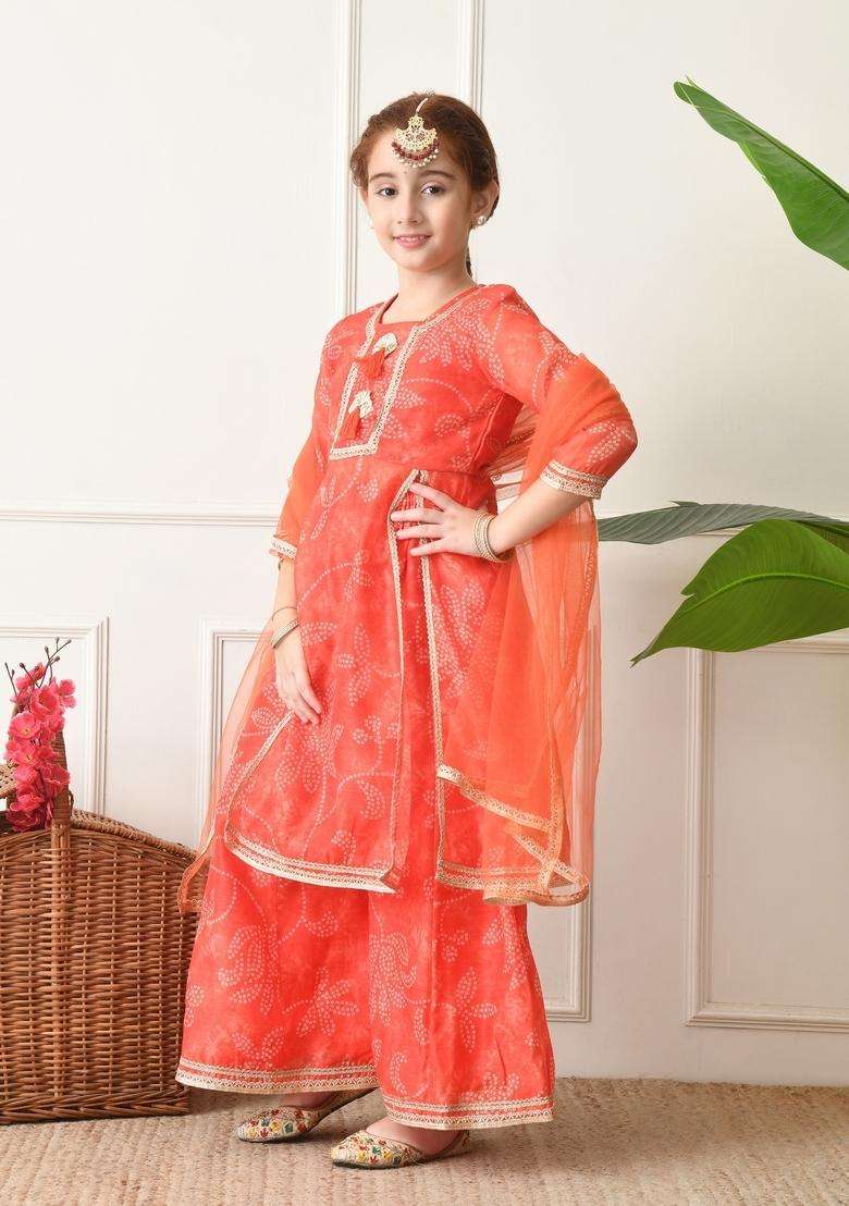 Peach Bandhani Silk Sharara Set For Girl - Indya