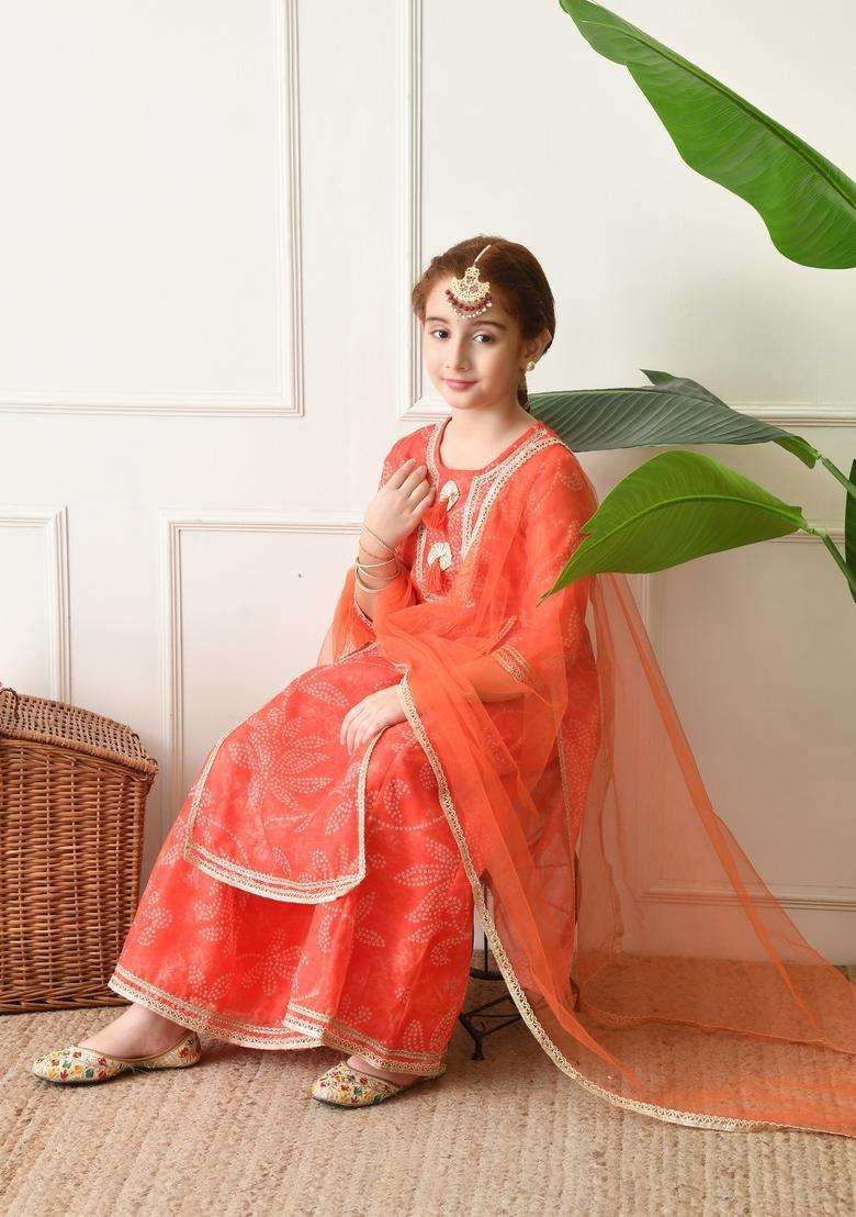 Peach Bandhani Silk Sharara Set For Girl - Indya