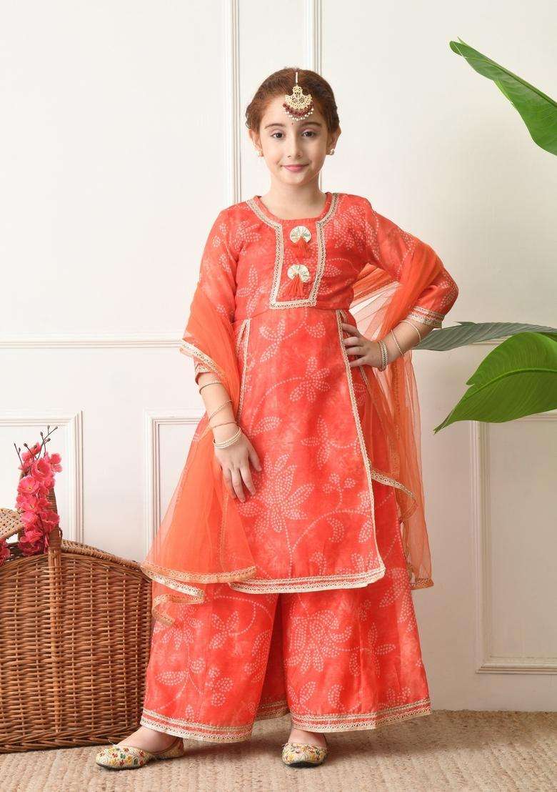 Peach Bandhani Silk Sharara Set For Girl - Indya