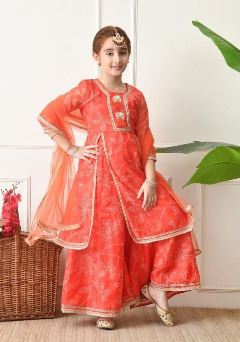 Peach Bandhani Silk Sharara Set For Girl — view on Indya