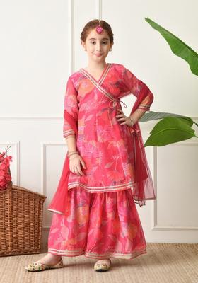 Pink Floral Print Silk Sharara Set For Girl