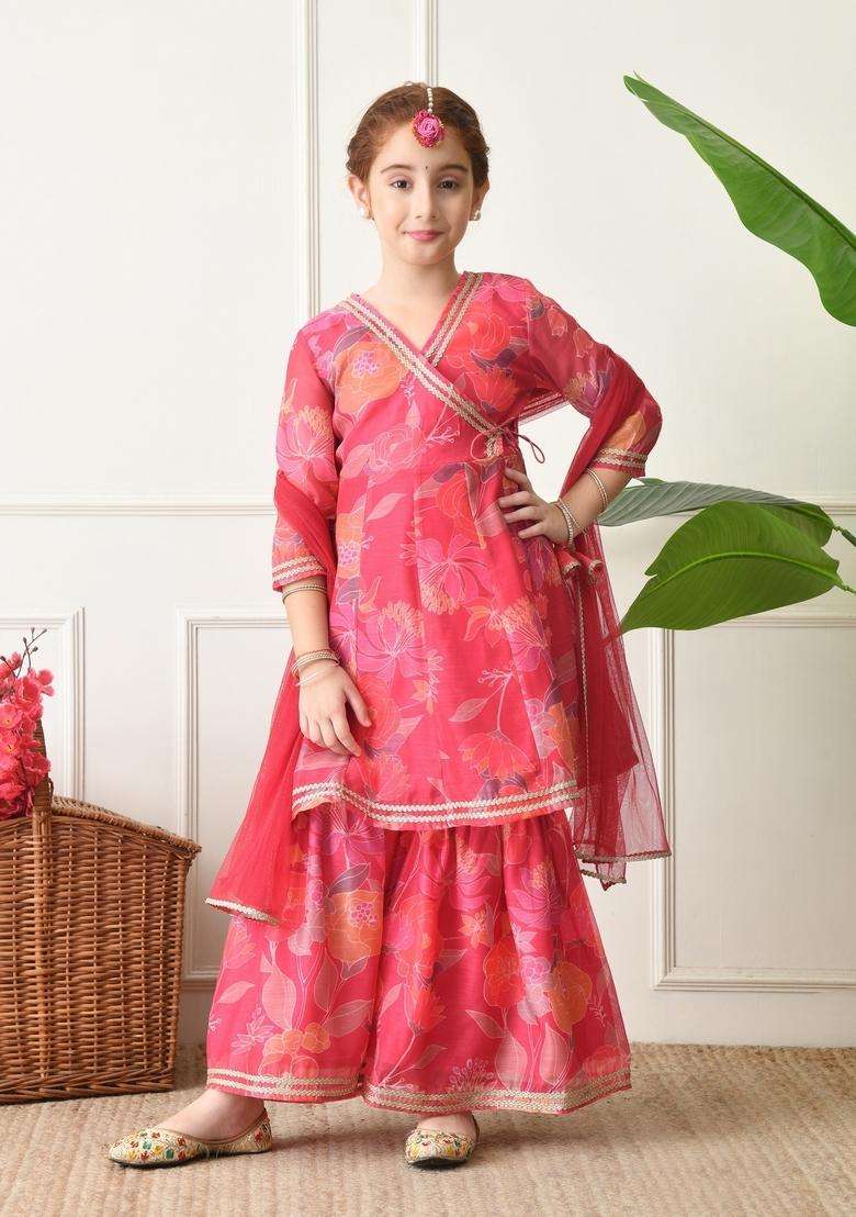 Pink Floral Print Silk Sharara Set For Girl - Indya