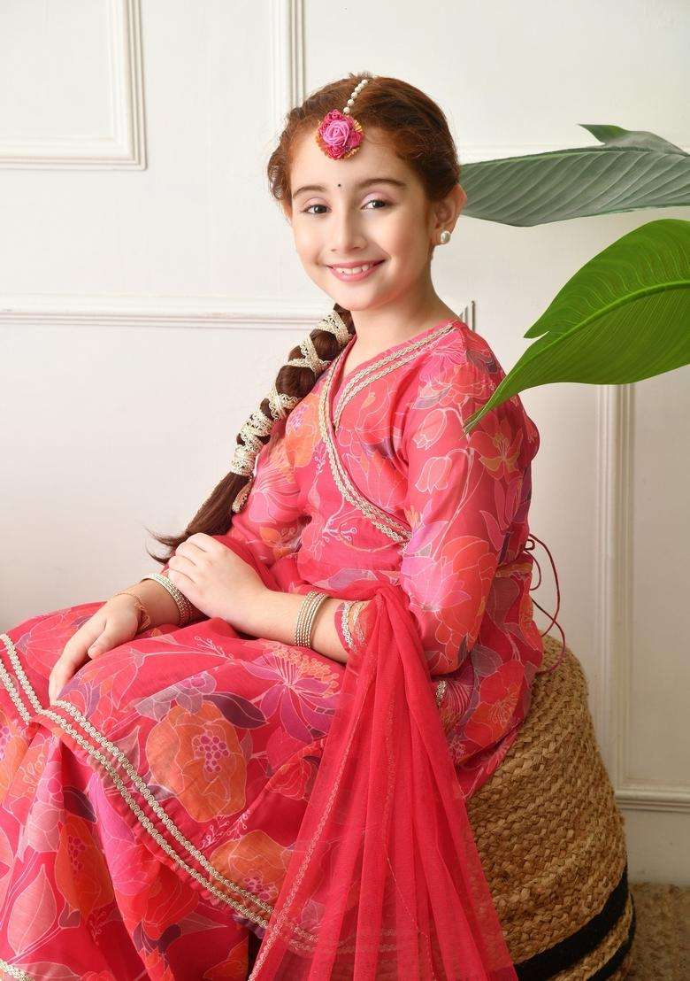 Pink Floral Print Silk Sharara Set For Girl - Indya