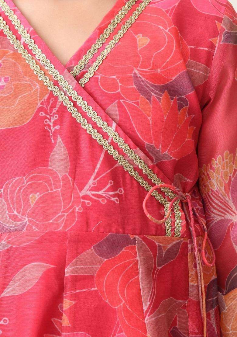 Pink Floral Print Silk Sharara Set For Girl - Indya