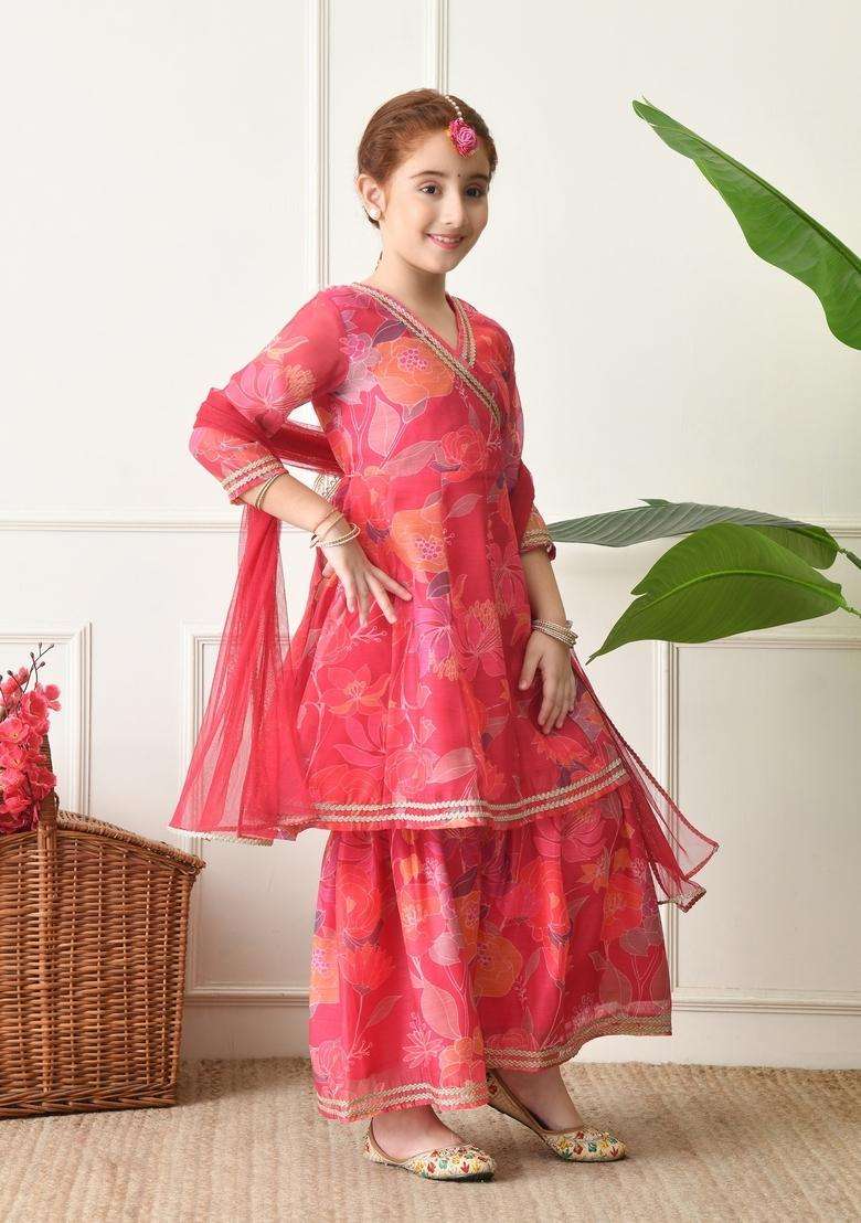 Pink Floral Print Silk Sharara Set For Girl - Indya