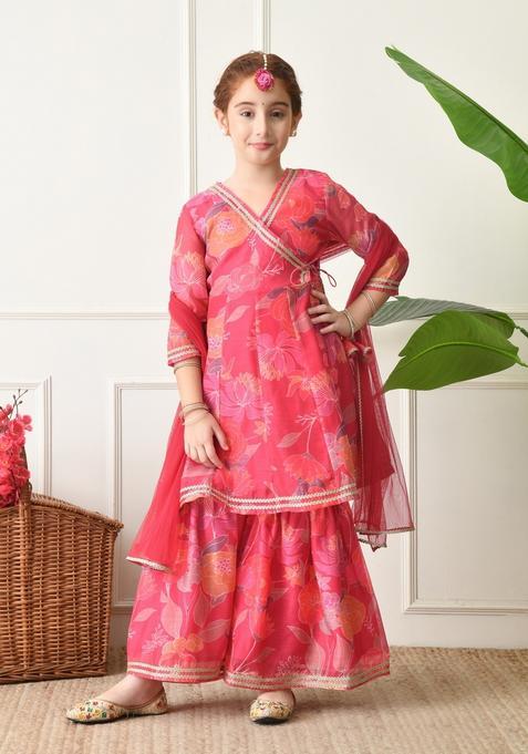 Pink Floral Print Silk Sharara Set For Girl