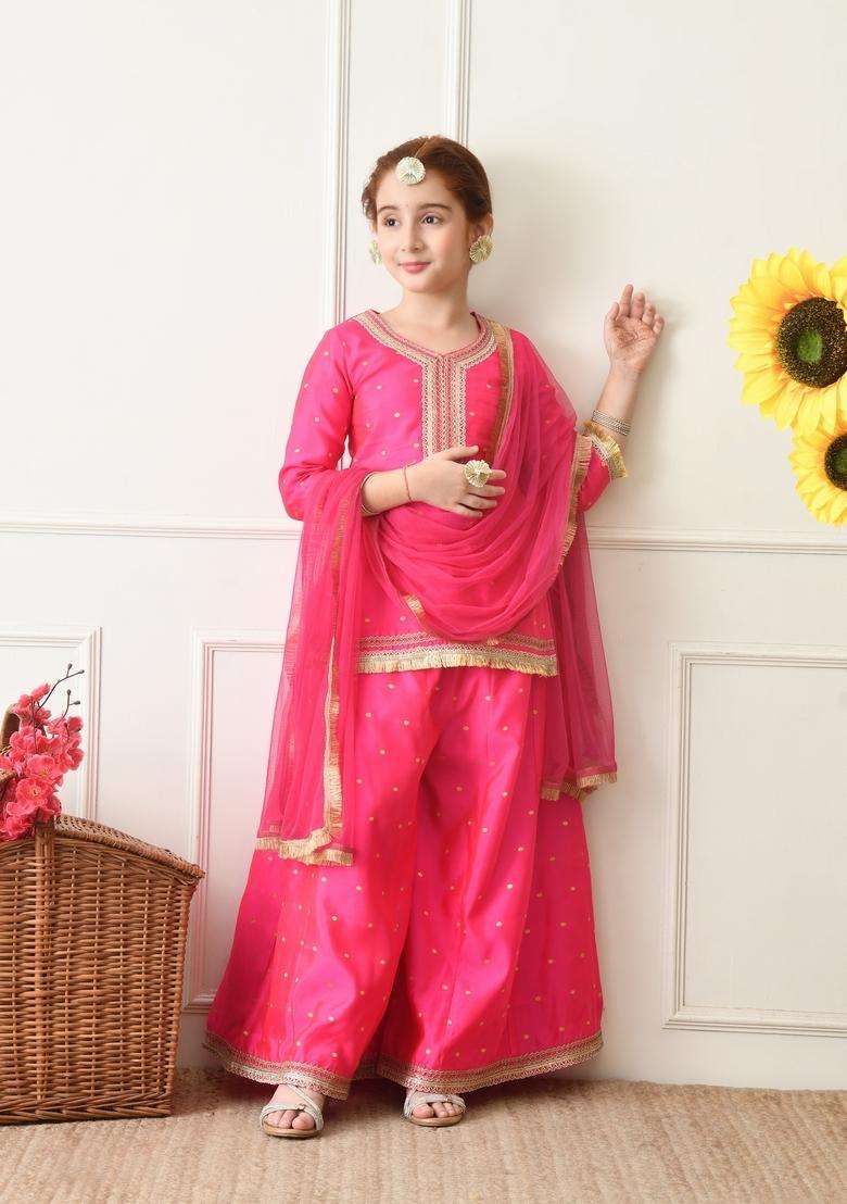 Pink Ethnic Motifs Silk Sharara Set For Girl - Indya