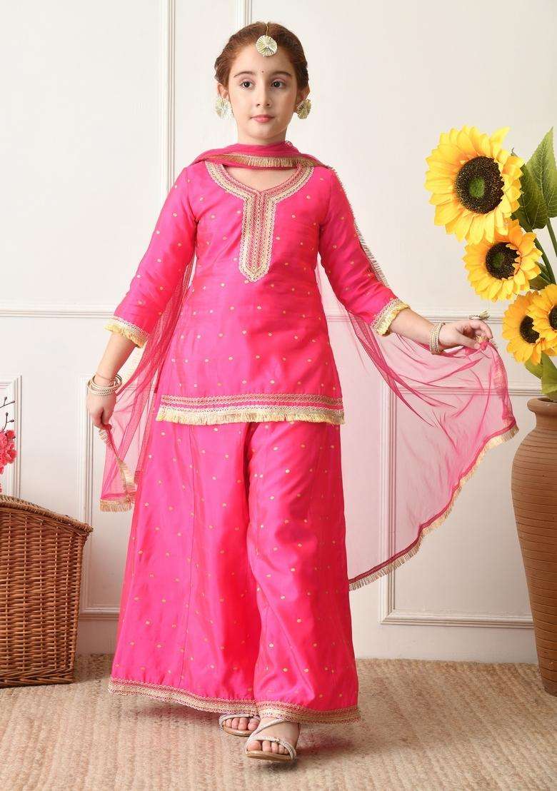 Pink Ethnic Motifs Silk Sharara Set For Girl - Indya