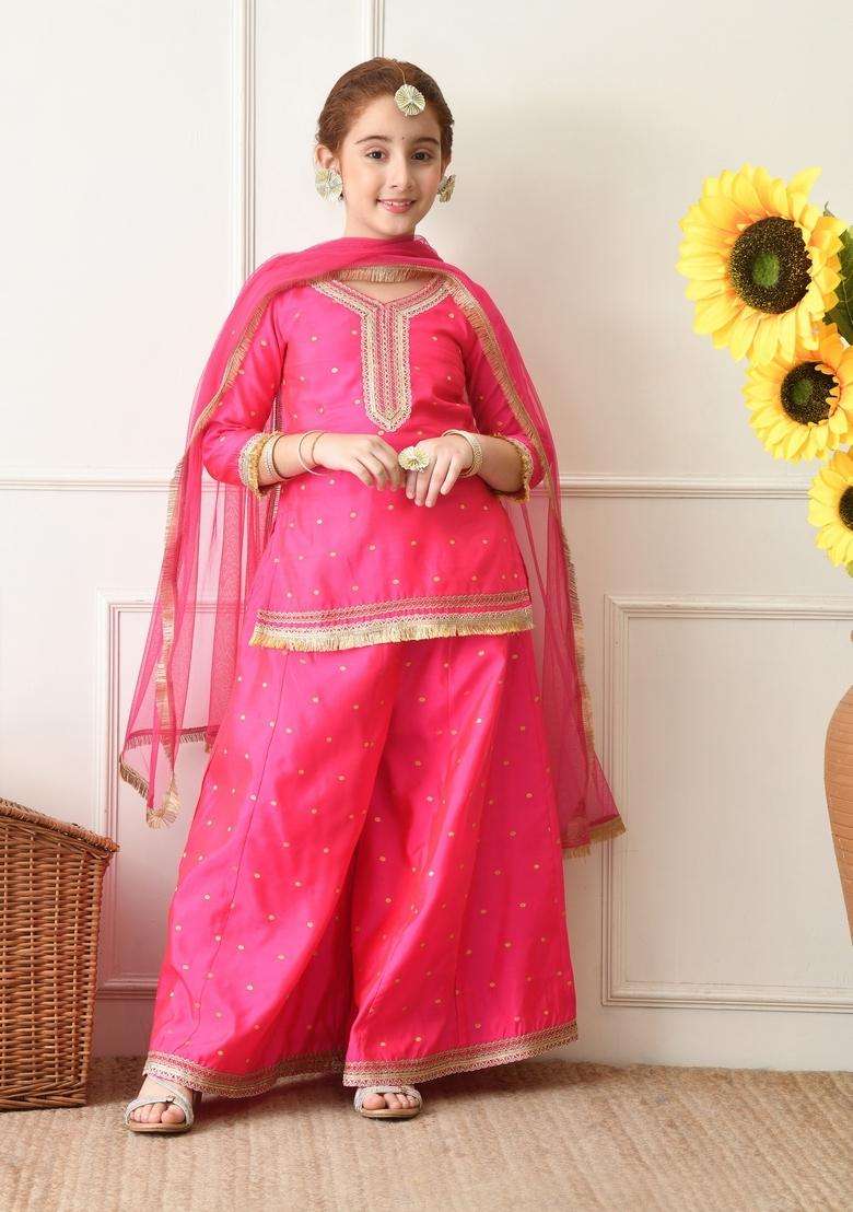 Pink Ethnic Motifs Silk Sharara Set For Girl - Indya