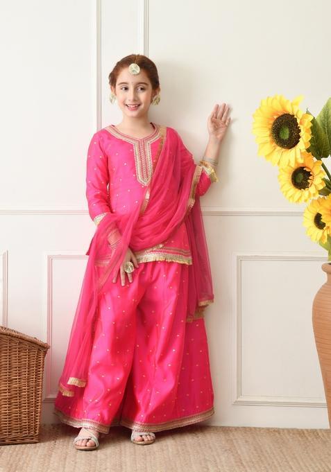 Pink Ethnic Motifs Silk Sharara Set For Girl — view on Indya