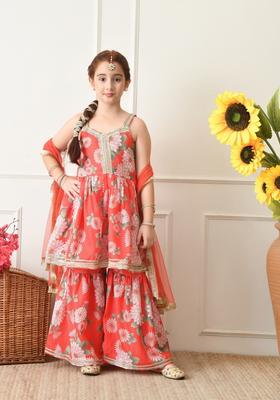 Red Ethnic Motifs Silk Sharara Set For Girl