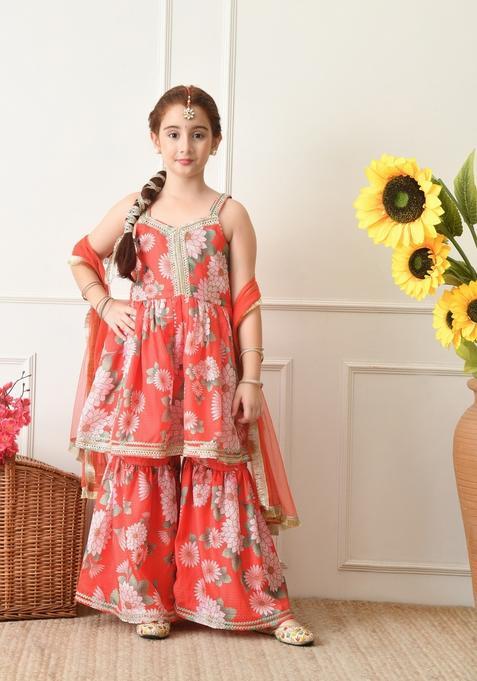 Red Ethnic Motifs Silk Sharara Set For Girl