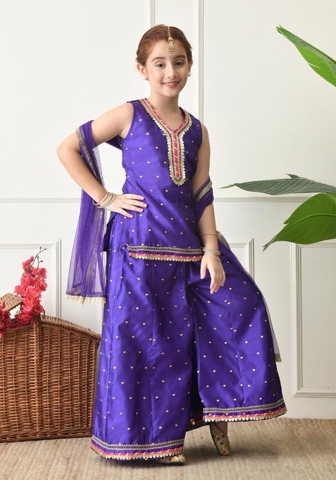 Purple Ethnic Motifs Silk Sharara Set For Girl