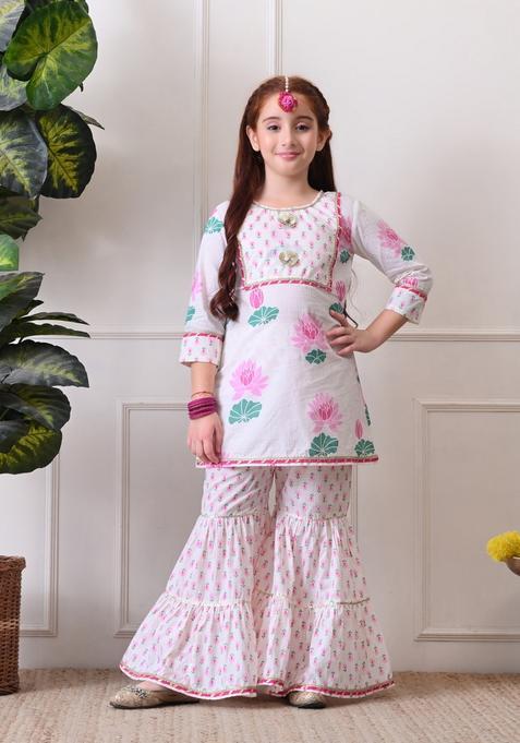 White Floral Print Cotton Sharara Set For Girl