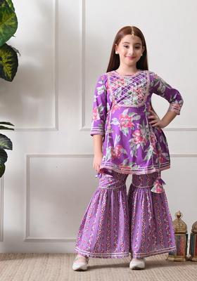 Purple Floral Print Cotton Sharara Set For Girl