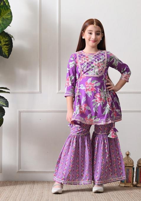 Purple Floral Print Cotton Sharara Set For Girl
