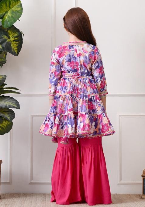 Pink Floral Print Cotton Sharara Set For Girl — view on Indya