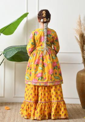 Yellow Floral Print Cotton Sharara Set For Girl