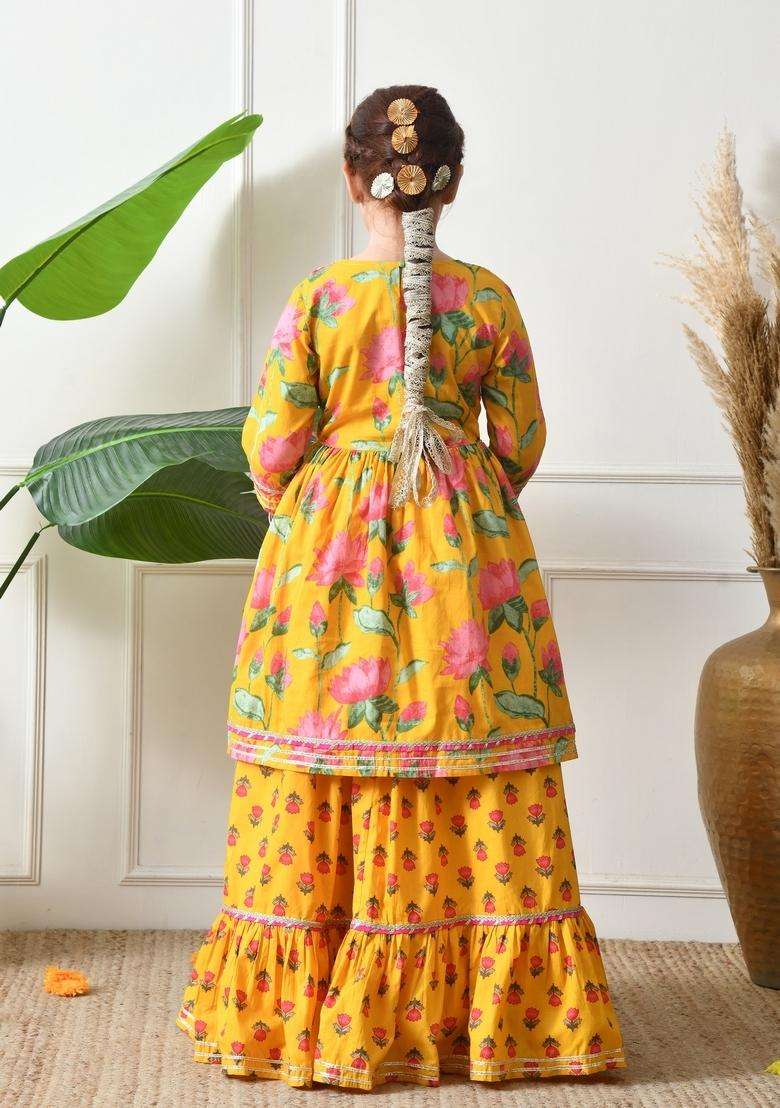 Yellow Floral Print Cotton Sharara Set For Girl - Indya
