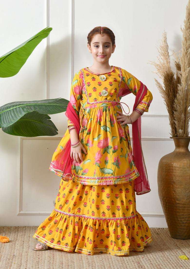Yellow Floral Print Cotton Sharara Set For Girl - Indya