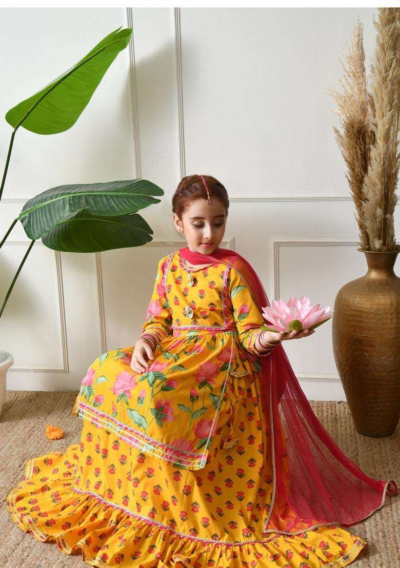 Yellow Floral Print Cotton Sharara Set For Girl - Indya