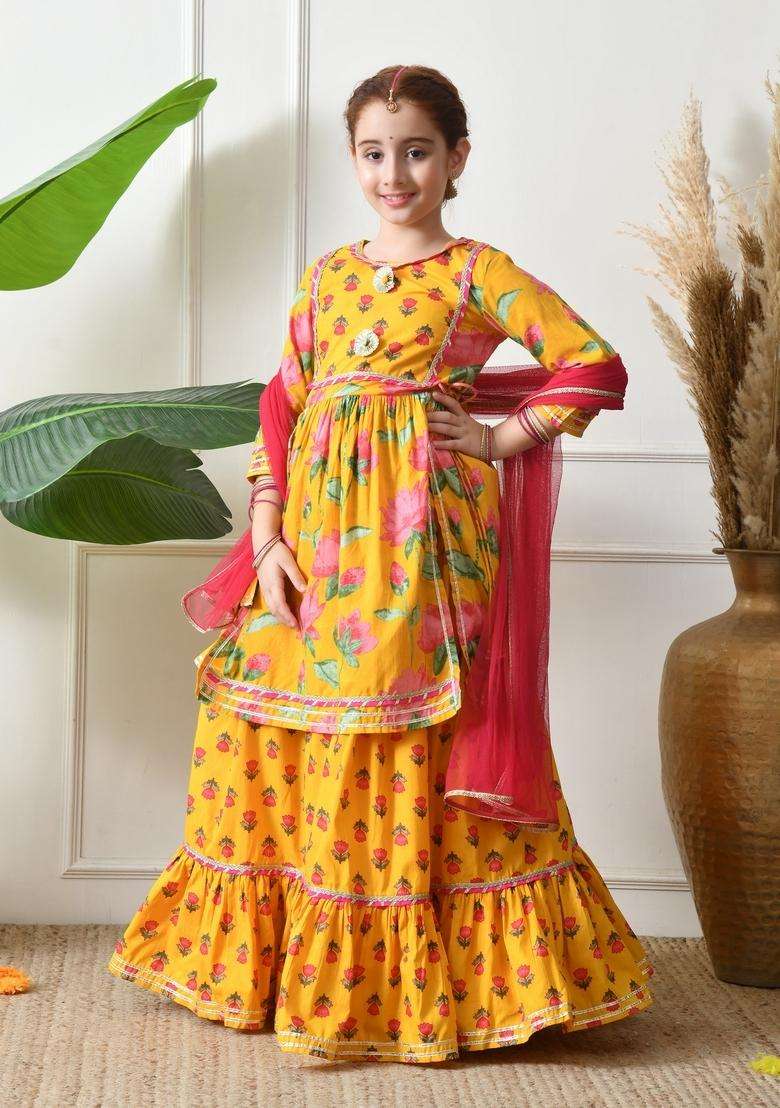 Yellow Floral Print Cotton Sharara Set For Girl - Indya