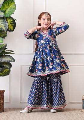 Navy Blue Floral Print Cotton Sharara Set For Girl