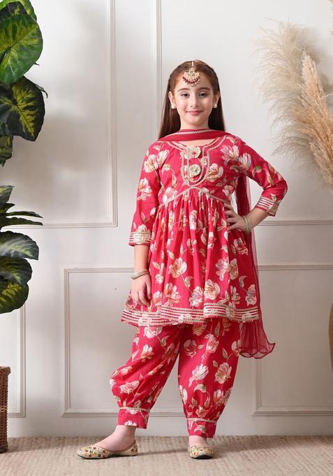Magenta Floral Print Cotton Sharara Set For Girl