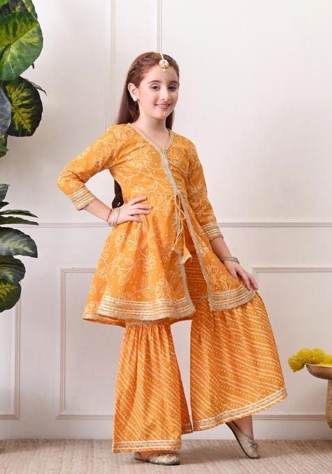 Mustard Bandhani Cotton Sharara Set For Girl