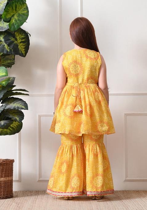 Yellow Bandhani Polyester Sharara Set For Girl