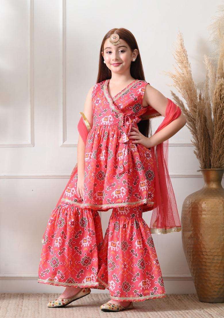 Peach Ethnic Motifs Polyester Sharara Set For Girl - Indya