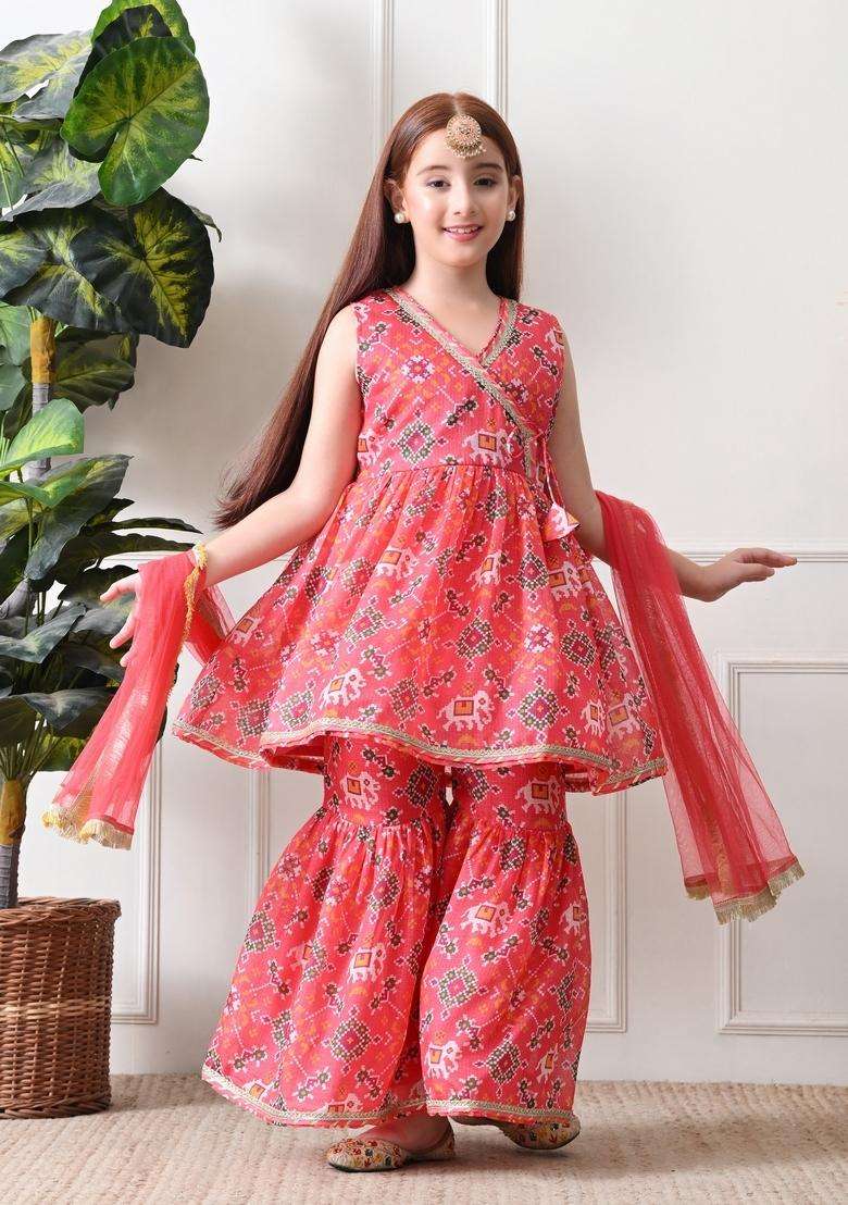 Peach Ethnic Motifs Polyester Sharara Set For Girl - Indya